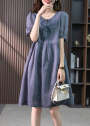 Blue Patchwork Neck Tie Linen Maxi Dresses Short Sleeve