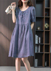 Blue Patchwork Neck Tie Linen Maxi Dresses Short Sleeve