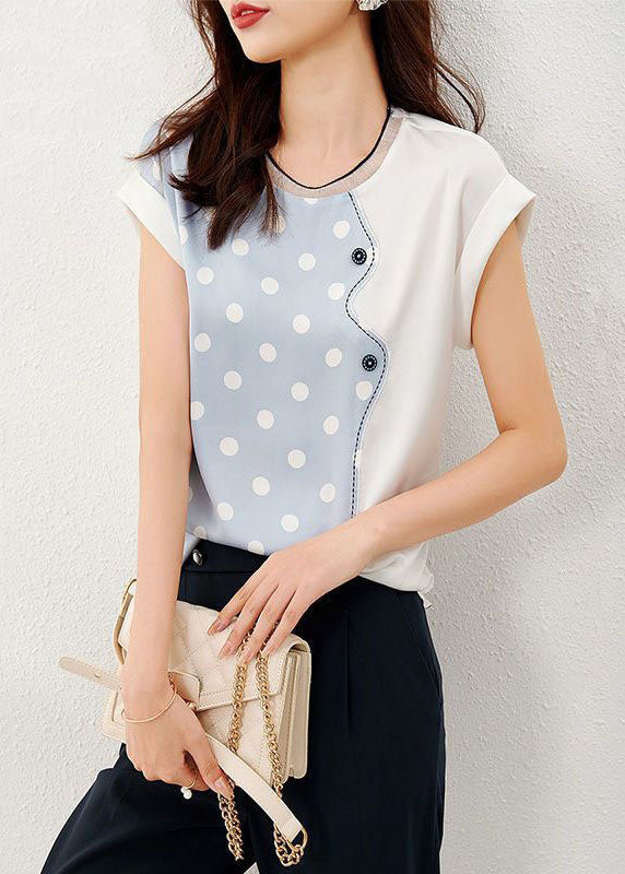 Blue Patchwork Print Dot Silk T Shirt O Neck Summer