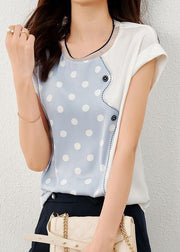 Blue Patchwork Print Dot Silk T Shirt O Neck Summer