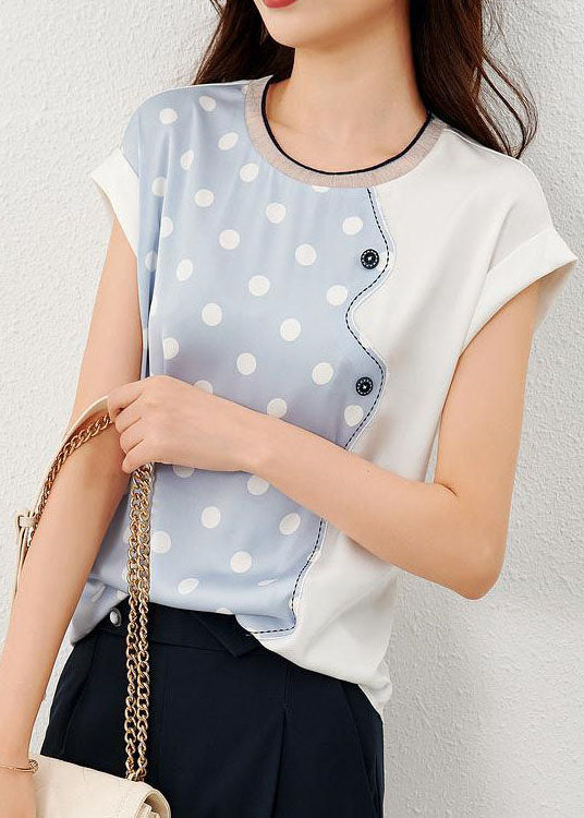 Blue Patchwork Print Dot Silk T Shirt O Neck Summer