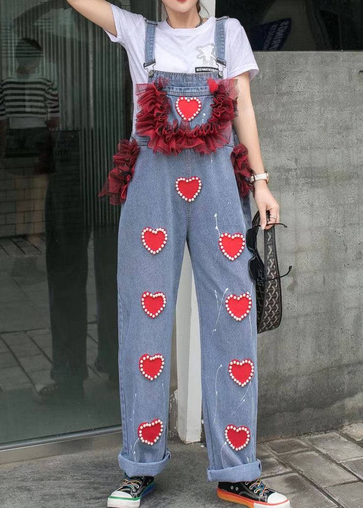 Blue Patchwork Spaghetti Strap Denim Jumpsuits Tulle Ruffled Heart Nail Bead Summer