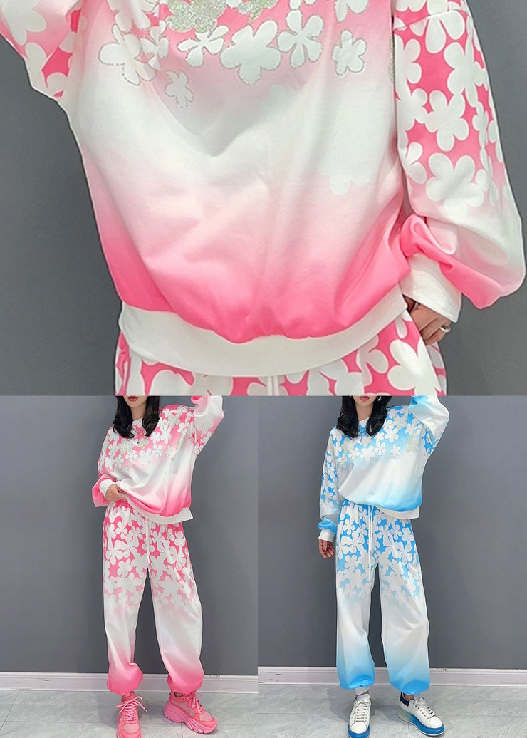 Blue Patchwork Tops And Pants Cotton Two Pieces Set O Neck Floral Long Sleeve