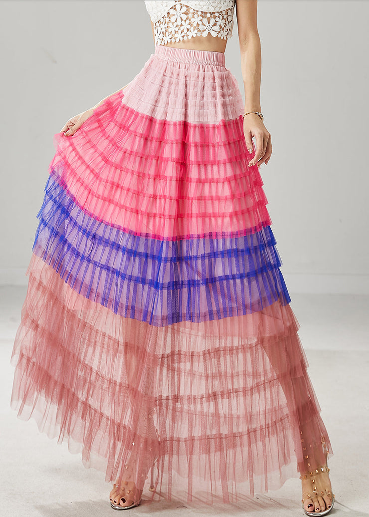 Blue Patchwork Tulle Beach Skirts Layered Ruffled Summer