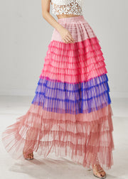 Blue Patchwork Tulle Beach Skirts Layered Ruffled Summer