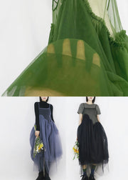 Blue Patchwork Tulle Spaghetti Strap Dress Long Smock Asymmetrical Exra Large Hem Summer