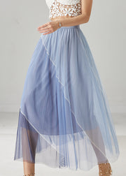 Blue Patchwork Tulle Vacation Skirts Elastic Waist Summer