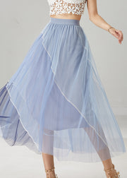 Blue Patchwork Tulle Vacation Skirts Elastic Waist Summer