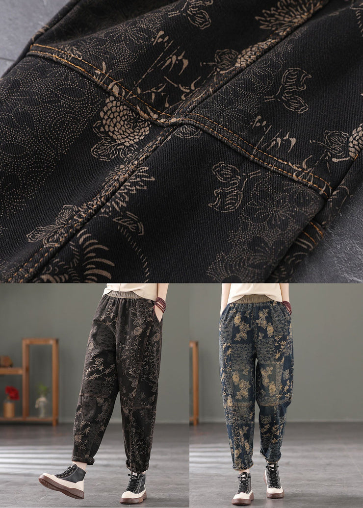 Blue Patchwork Warm Fleece Harem Pants Print Pockets Winter