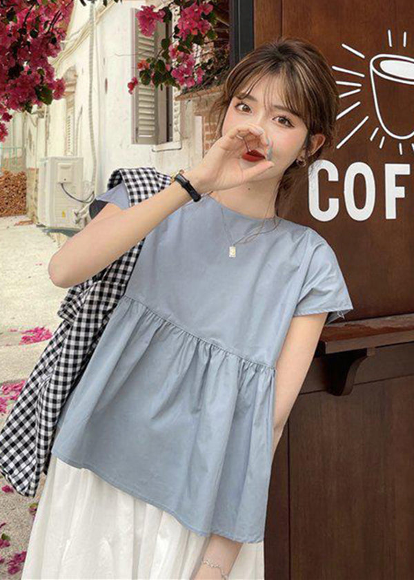 Blue Patchwork Wrinkled Cotton Shirt Tops O-Neck Bow Short Sleeve