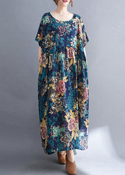 Blue Patchwork Wrinkled Holiday Maxi Dress Summer