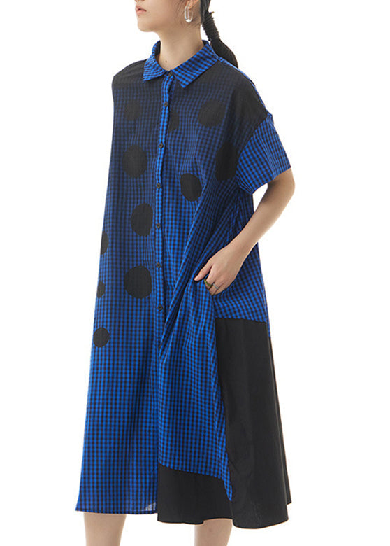 Blue Peter Pan Collar Button Cotton Maxi Shirt Dress Short Sleeve