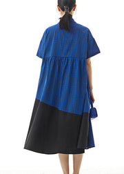 Blue Peter Pan Collar Button Cotton Maxi Shirt Dress Short Sleeve