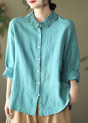 Blue Peter Pan Collar Button Linen Shirts Long Sleeve