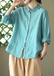 Blue Peter Pan Collar Button Linen Shirts Long Sleeve