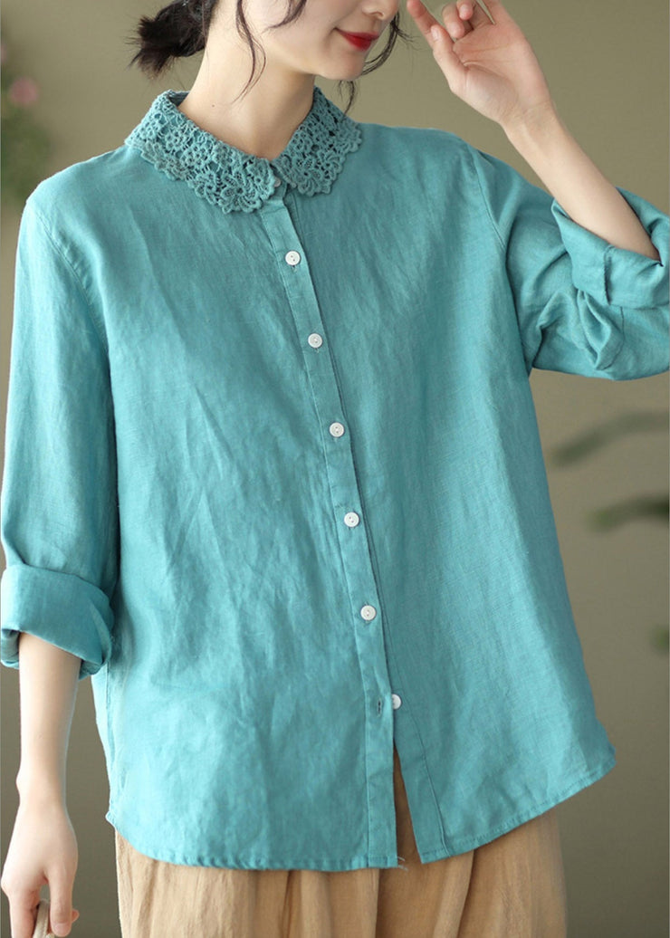 Blue Peter Pan Collar Button Linen Shirts Long Sleeve