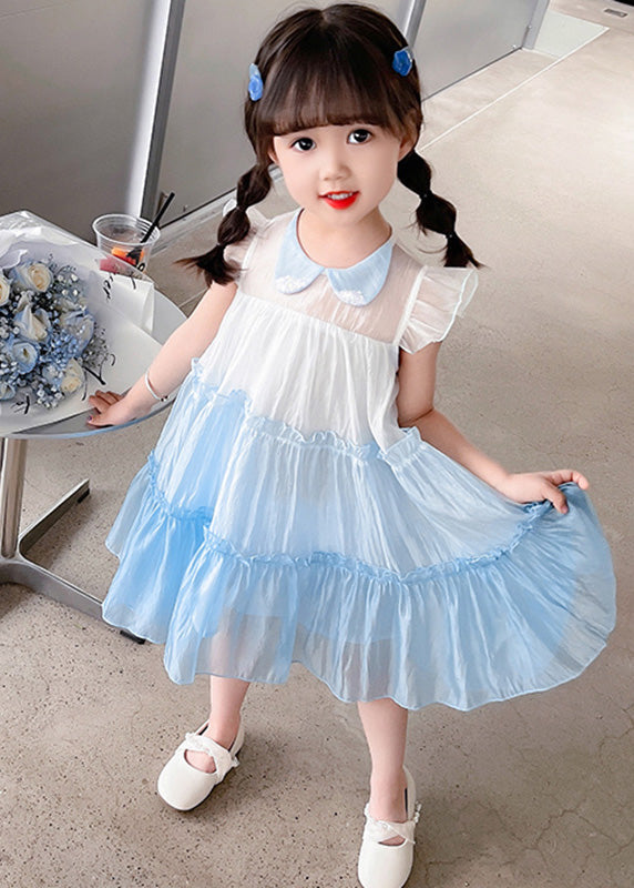 Blue Peter Pan Collar Kids Tulle Long Dresses Summer