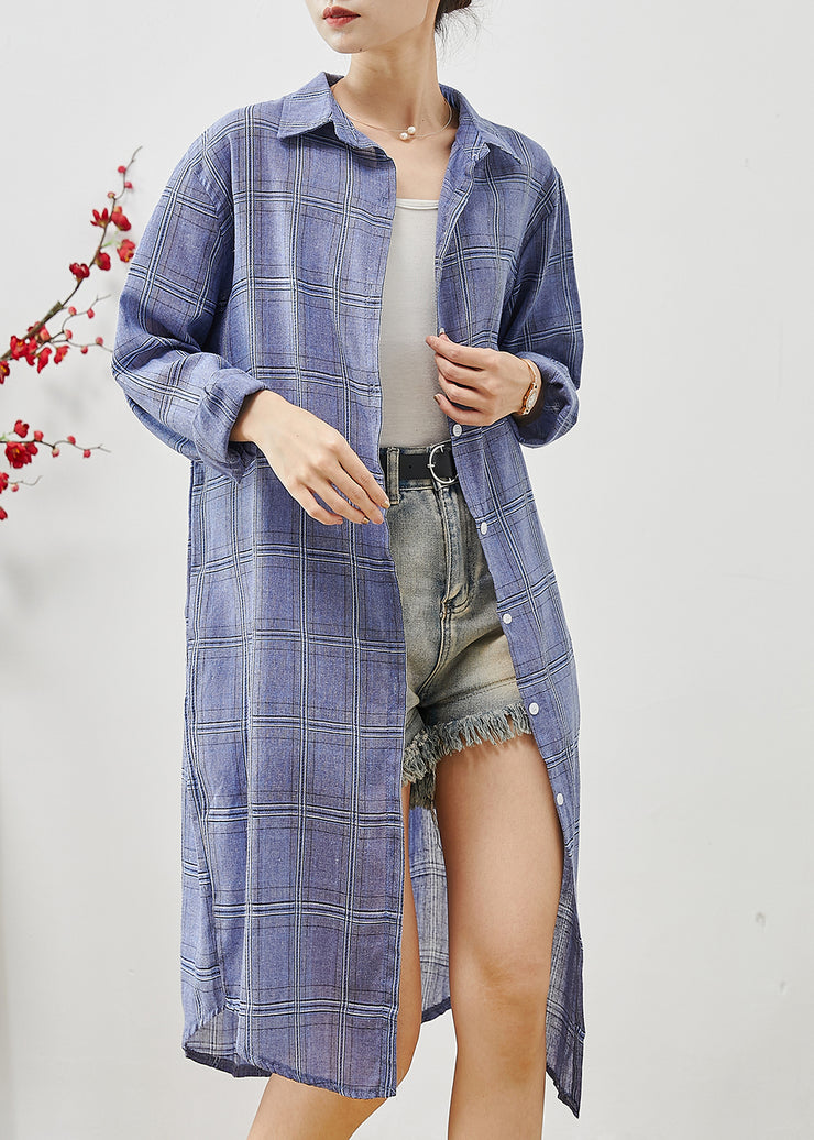 Blue Plaid Cotton Shirt Dress Oversized Fall