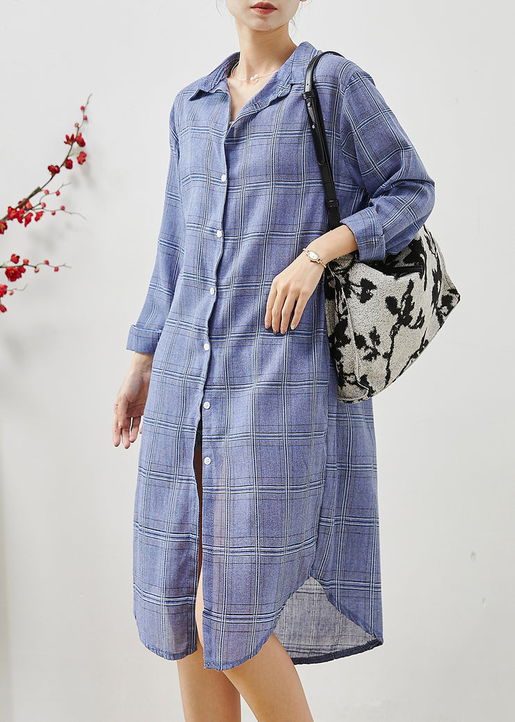 Blue Plaid Cotton Shirt Dress Oversized Fall