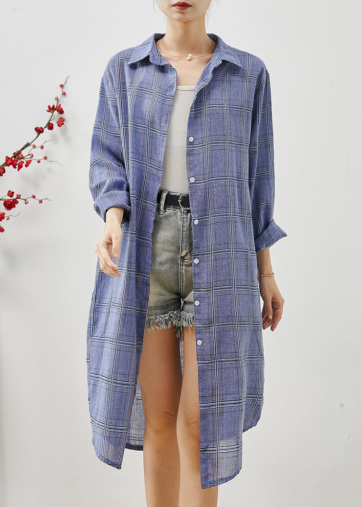 Blue Plaid Cotton Shirt Dress Oversized Fall