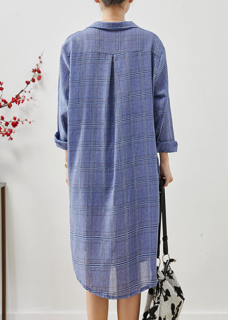 Blue Plaid Cotton Shirt Dress Oversized Fall