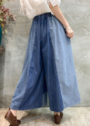 Blue Plaid Elastic Waist Patchwork Denim Loose Pants Pockets