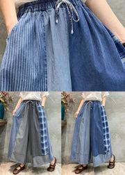 Blue Plaid Elastic Waist Patchwork Denim Loose Pants Pockets