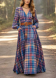 Blue Plaid Linen Long Dresses Cinched Exra Large Hem Spring