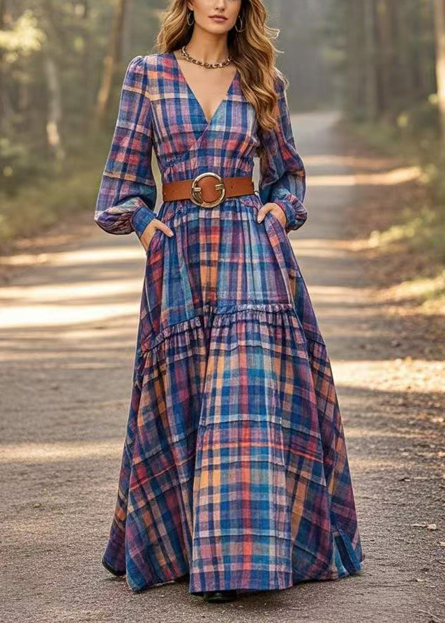 Blue Plaid Linen Long Dresses Cinched Exra Large Hem Spring