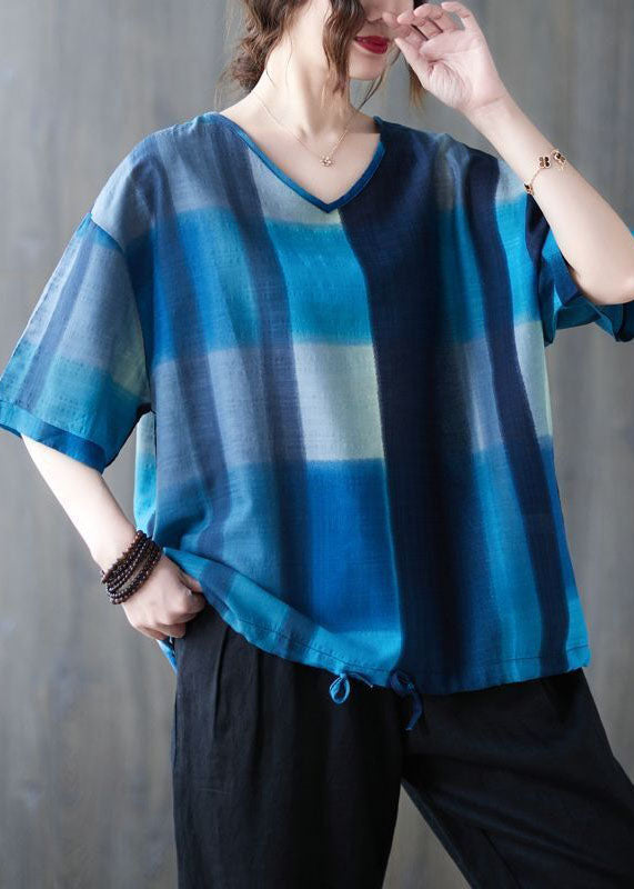 Blue Plaid Linen Tanks V Neck Drawstring Summer