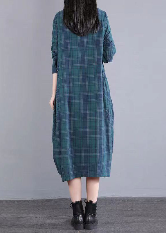 Blue Plaid Pockets Cotton Shirts Dress Stand Collar Fall