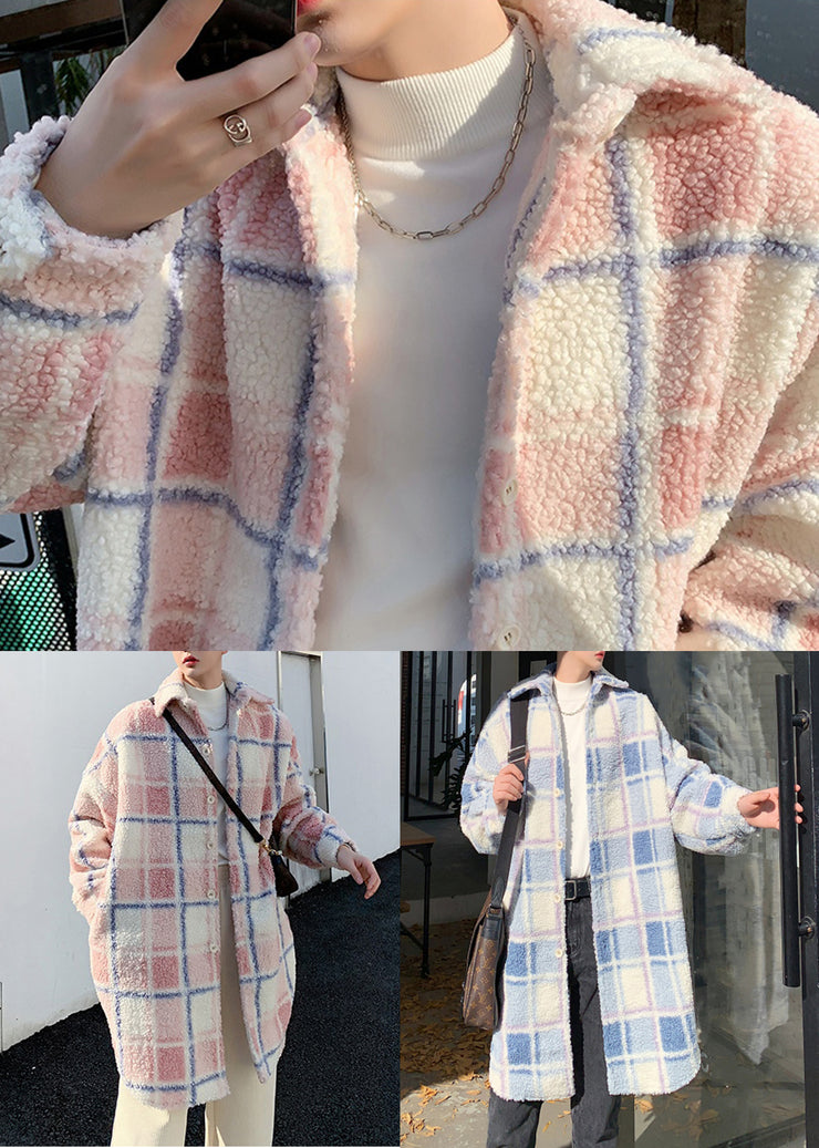 Blue Plaid Pockets Men Coat Teddy Faux Fur Peter Pan Collar Winter