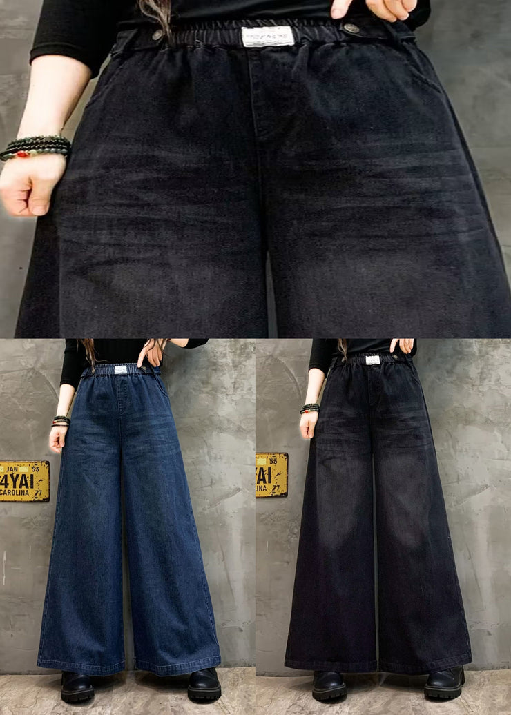 Blue Pockets Casual Denim Wide Leg Pants Elastic Waist Fall