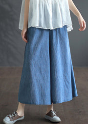 Blue Pockets Cotton Wide Leg Pants