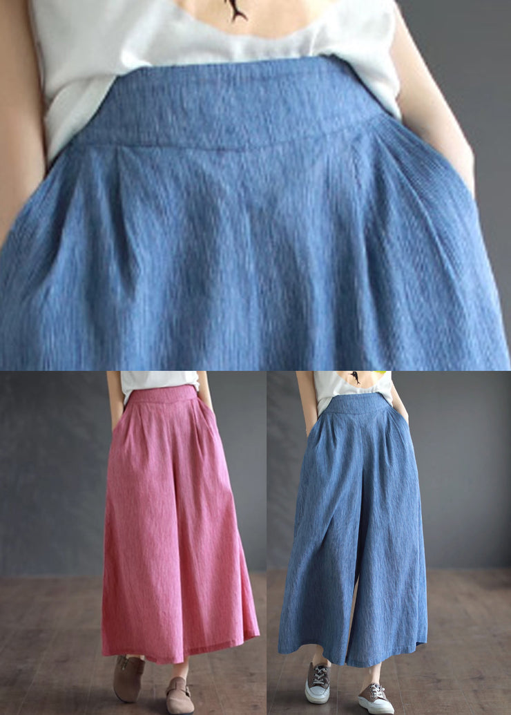 Blue Pockets Cotton Wide Leg Pants