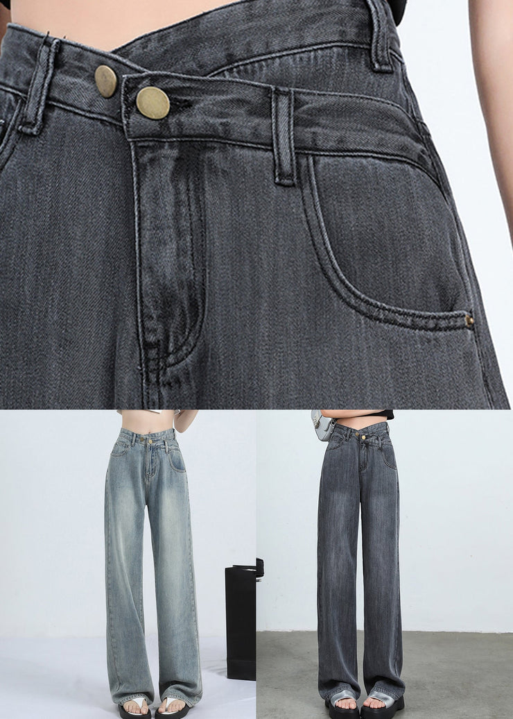 Blue Pockets Denim Straight Pants High Waist Spring