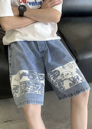 Blue Pockets Denim Summer Men Shorts Elastic Waist