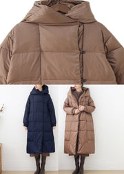 Blue Pockets Hooded Down Coat Long Sleeve