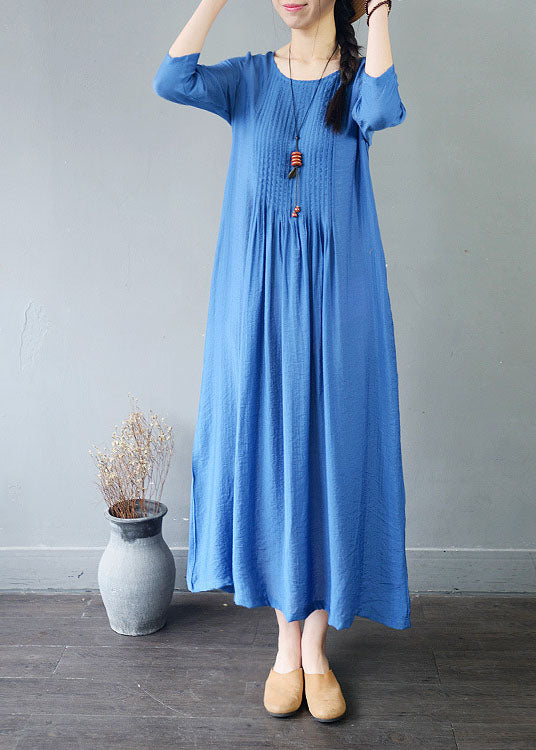 Blue Pockets Patchwork Cotton Dress Wrinkled O Neck Spring