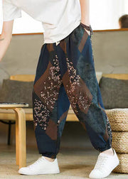 Blue Pockets Patchwork Cotton Men Beam Pants Elastic Waist