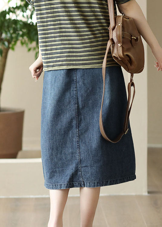 Blue Pockets Patchwork Denim Skirts Wrinkled Elastic Waist Summer