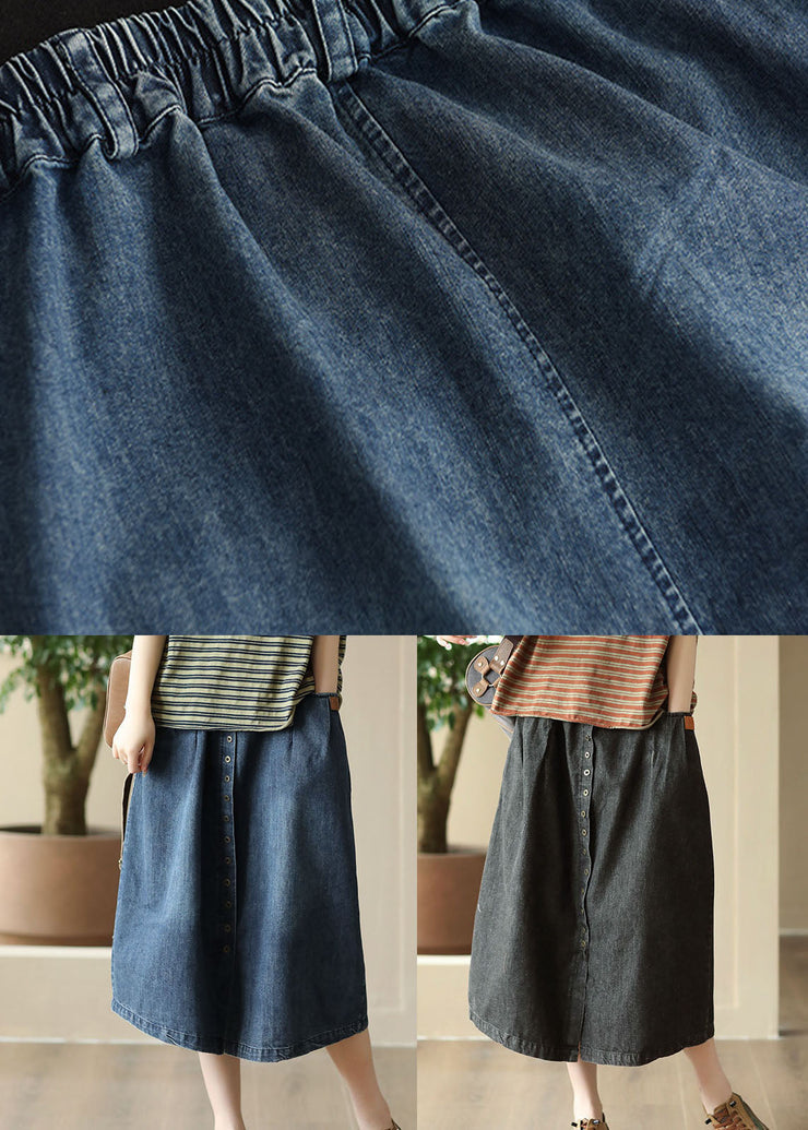 Blue Pockets Patchwork Denim Skirts Wrinkled Elastic Waist Summer