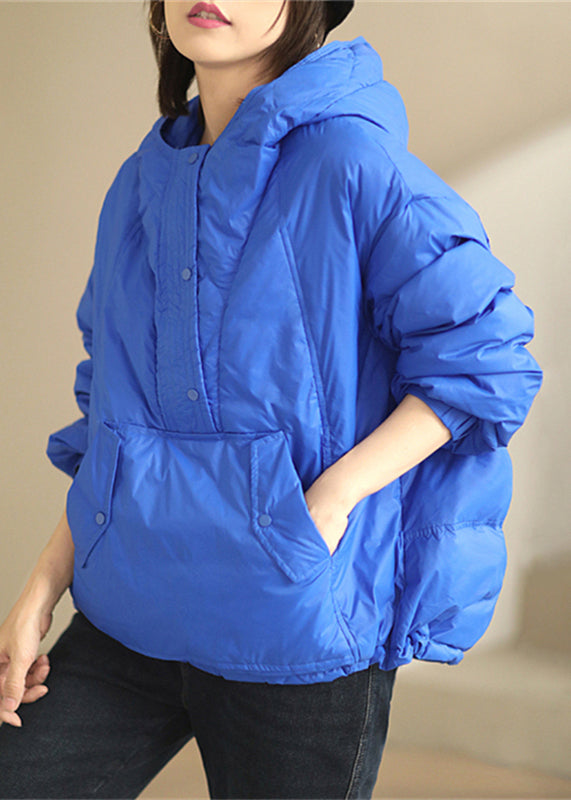 Blue Pockets Patchwork Duck Down Coat Hooded Long Sleeve