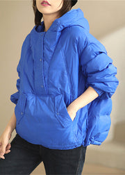 Blue Pockets Patchwork Duck Down Coat Hooded Long Sleeve