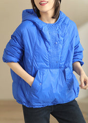 Blue Pockets Patchwork Duck Down Coat Hooded Long Sleeve