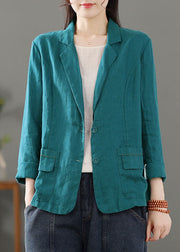 Blue Pockets Patchwork Linen Coats Notched Long Sleeve