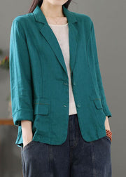 Blue Pockets Patchwork Linen Coats Notched Long Sleeve