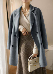 Blue Pockets Patchwork Woolen Trench Peter Pan Collar Button Winter