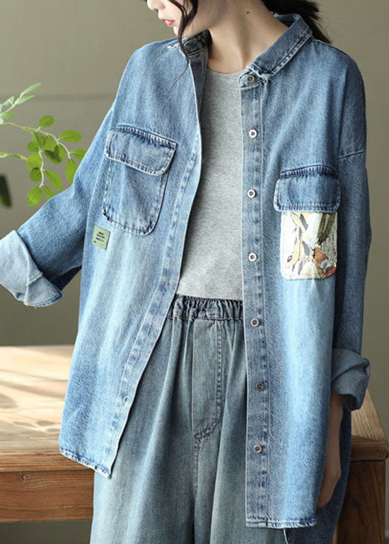 Blue Pockets Print Patchwork Denim Coats Peter Pan Collar Spring