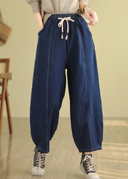 Blue Pockets Warm Fleece Denim Harem Pants Elastic Waist Winter